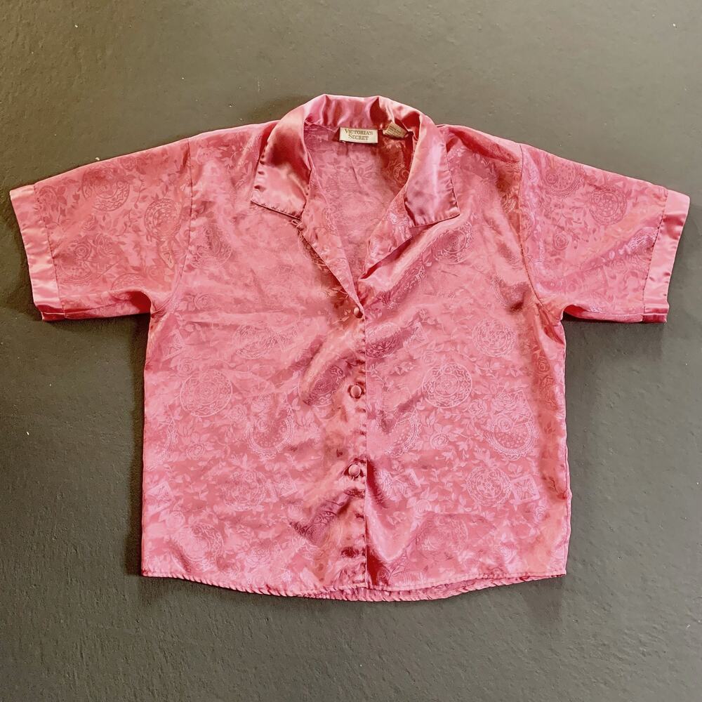 Vtg Victoria’s Secret Gold Label Pink Button-Up Sleep Shirt Size Small